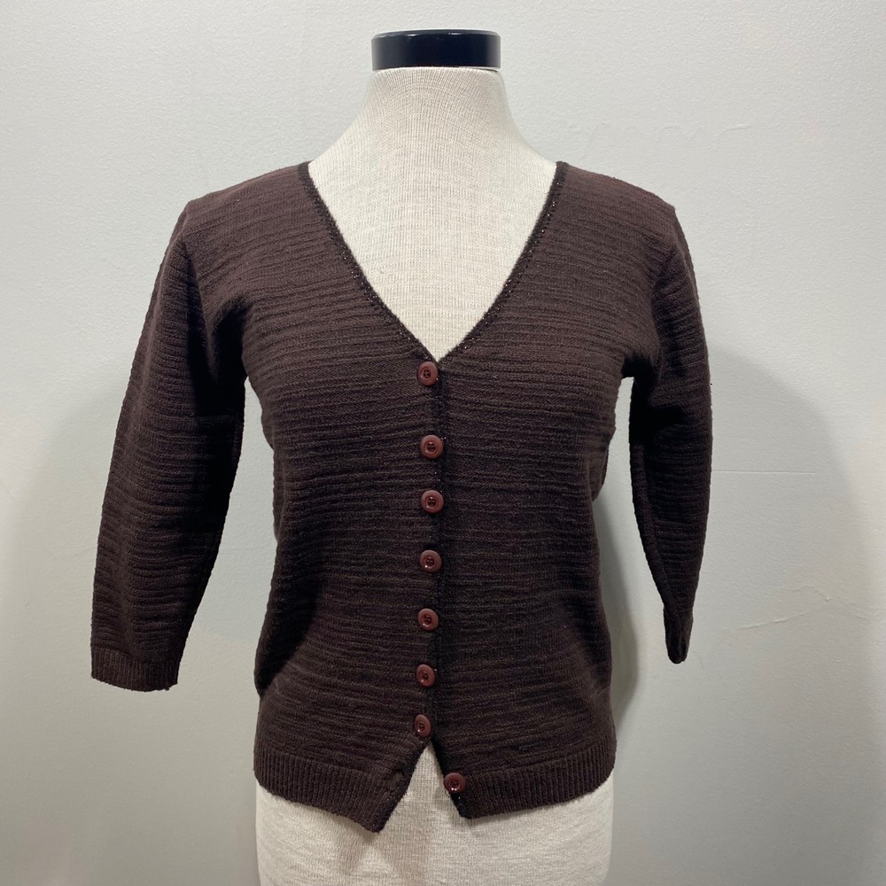 Babette Paige Brown Ribbed V-Neck Cardigan 3/4 Sleeve Metallic Trim‎ Size L